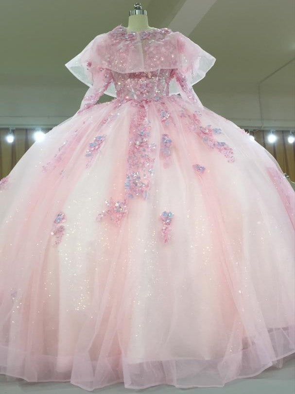 3D-Floral Long Sleeve Laced Back Tulle Capped Quinceanera Ball Gown