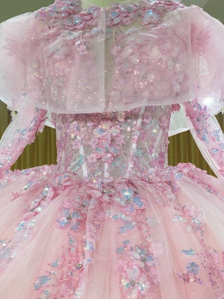 3D-Floral Long Sleeve Laced Back Tulle Capped Quinceanera Ball Gown
