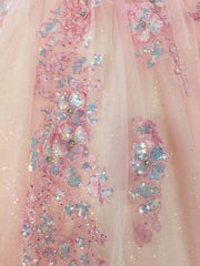 3D-Floral Long Sleeve Laced Back Tulle Capped Quinceanera Ball Gown