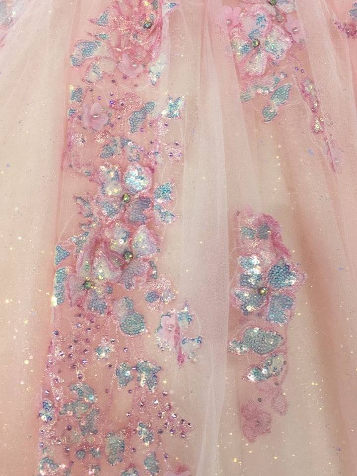 3D-Floral Long Sleeve Laced Back Tulle Capped Quinceanera Ball Gown