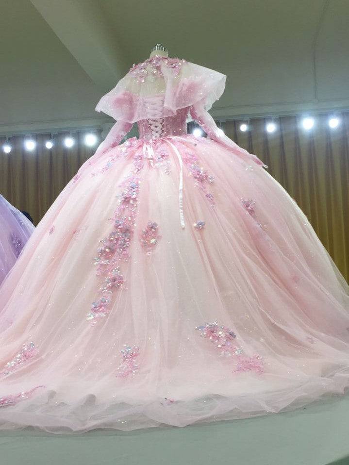 3D-Floral Long Sleeve Laced Back Tulle Capped Quinceanera Ball Gown