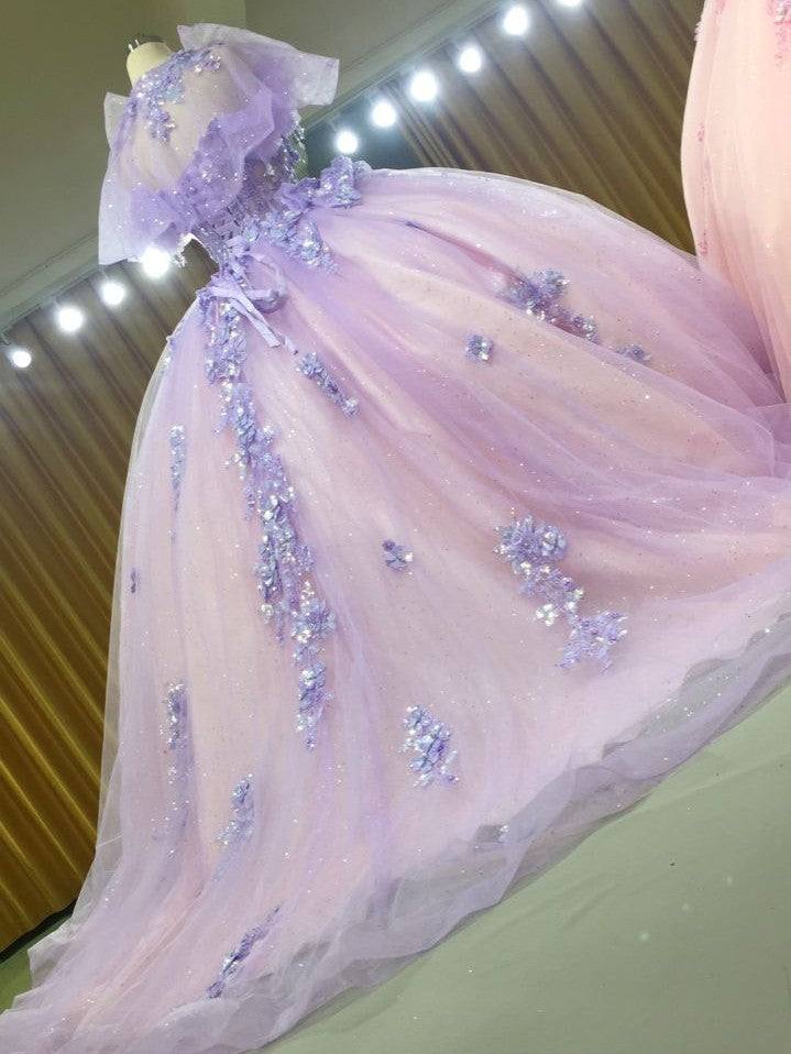 3D-Floral Long Sleeve Laced Back Tulle Capped Quinceanera Ball Gown