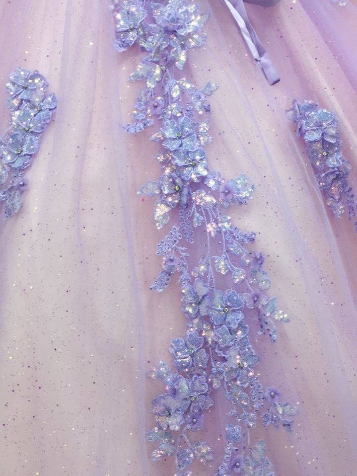 3D-Floral Long Sleeve Laced Back Tulle Capped Quinceanera Ball Gown