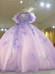 3D-Floral Long Sleeve Laced Back Tulle Capped Quinceanera Ball Gown
