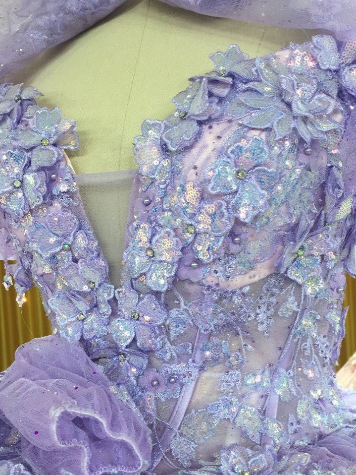 3D-Floral Long Sleeve Laced Back Tulle Capped Quinceanera Ball Gown