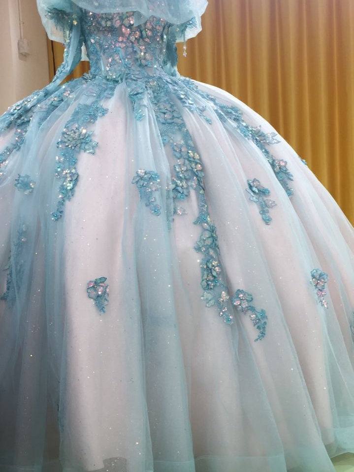 3D-Floral Long Sleeve Laced Back Tulle Capped Quinceanera Ball Gown