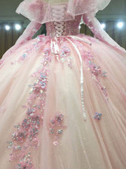 3D-Floral Long Sleeve Laced Back Tulle Capped Quinceanera Ball Gown