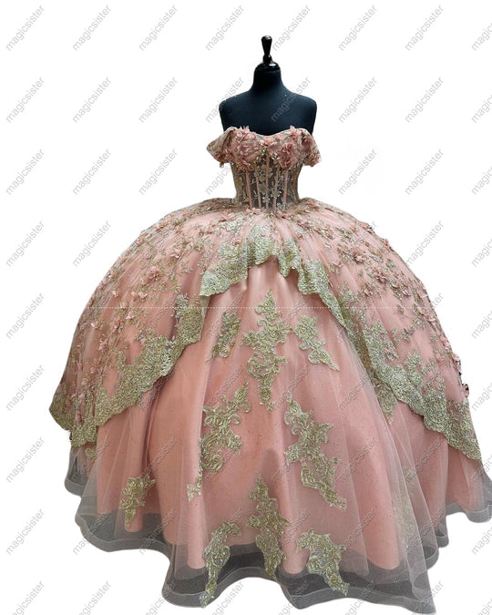 Glitter 3D Flower Quinceanera Ball Gown