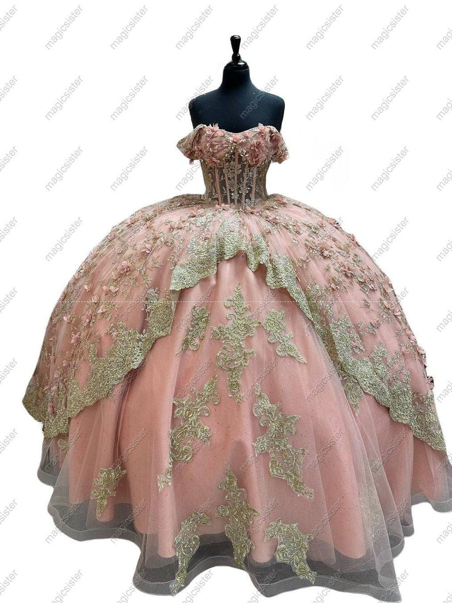 Glitter 3D Flower Quinceanera Ball Gown