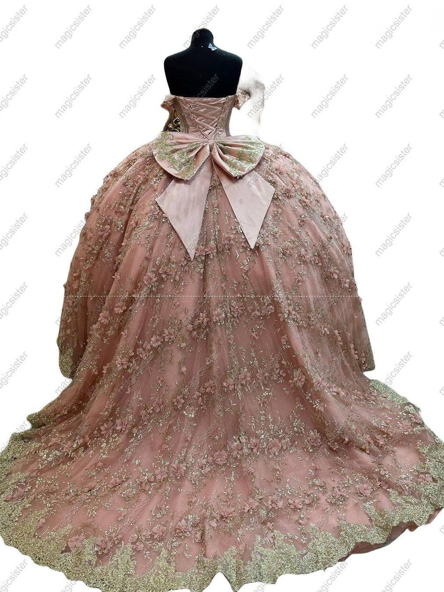 Glitter 3D Flower Quinceanera Ball Gown