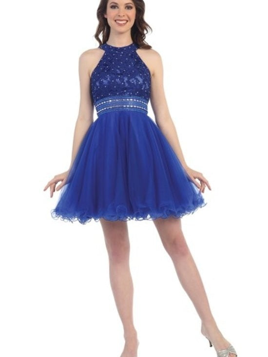 Fit and Lace Flare Rhinestones Beaded Waistline Halter Short Dress Red / 3XL
