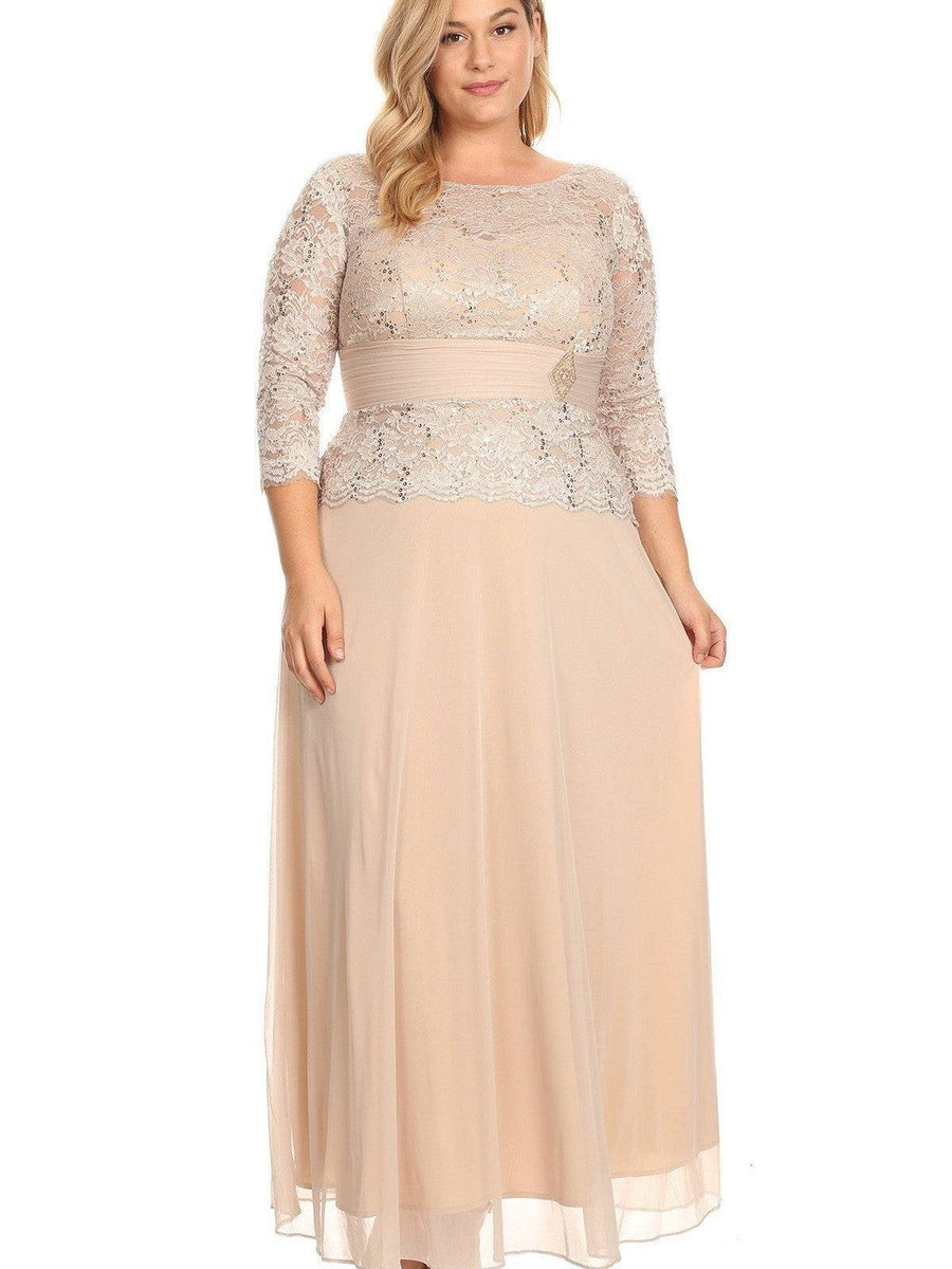 Women's Lace Long Sleeved Satin Belted Empire Waist Dress