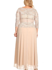 Women's Lace Long Sleeved Satin Belted Empire Waist Dress
