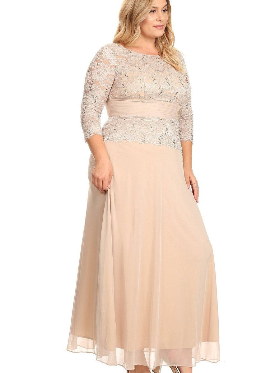 Women's Lace Long Sleeved Satin Belted Empire Waist Dress