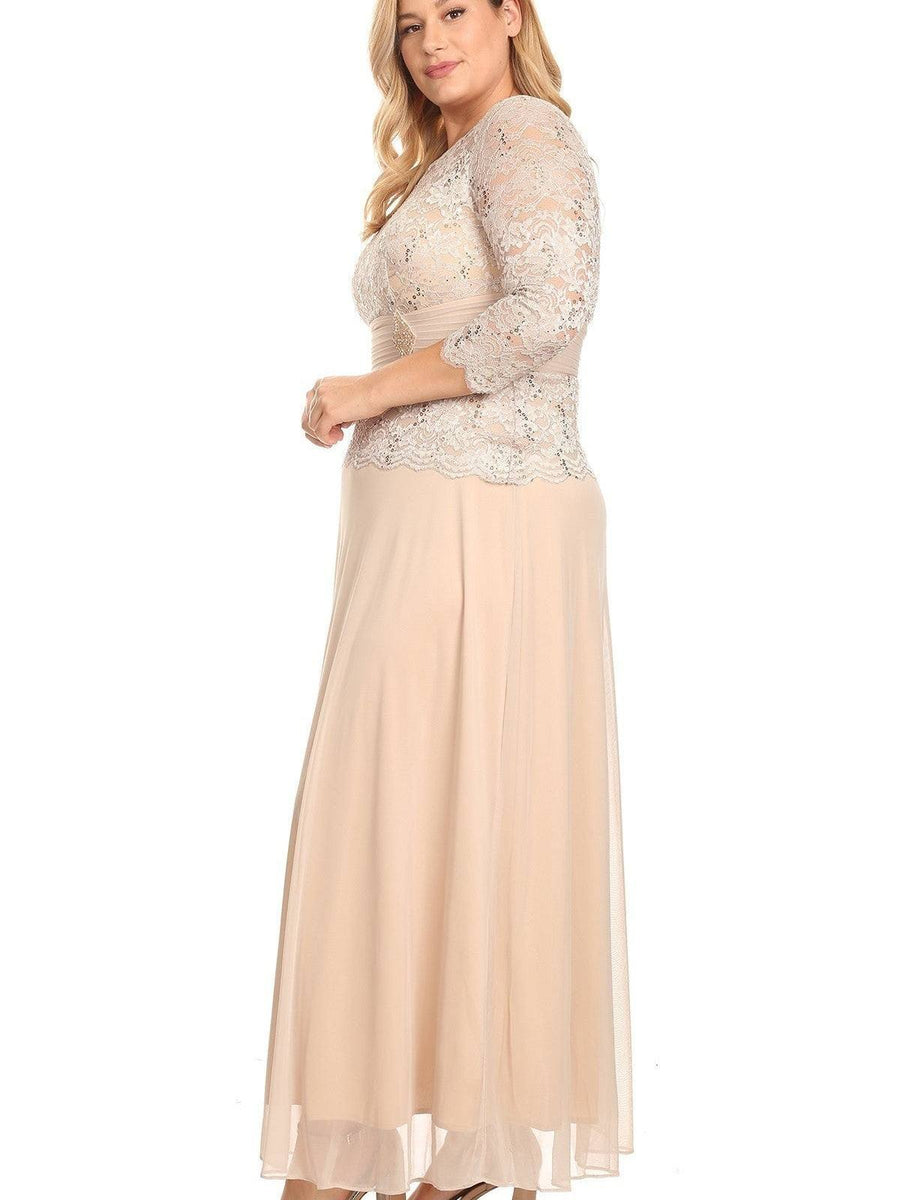 Women's Lace Long Sleeved Satin Belted Empire Waist Dress