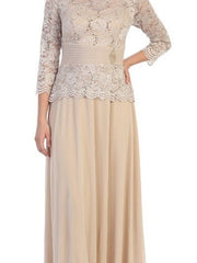 Women's Lace Long Sleeved Satin Belted Empire Waist Dress