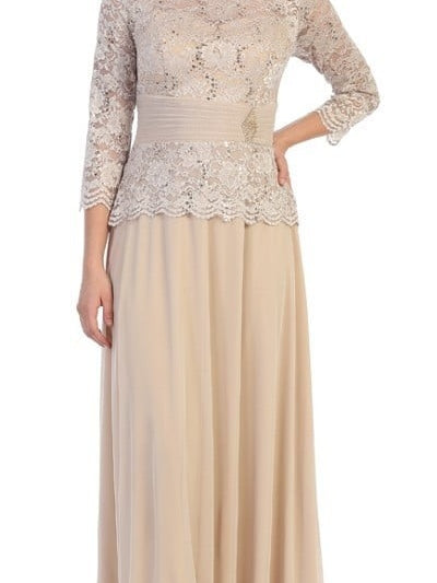 Women's Lace Long Sleeved Satin Belted Empire Waist Dress