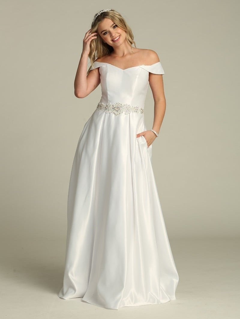 Intricate Off The Shoulder Rhinestone Empire Waist Pocketed Weddeing Dress