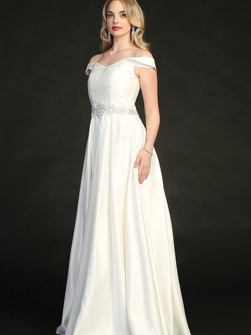 Intricate Off The Shoulder Rhinestone Empire Waist Pocketed Weddeing Dress