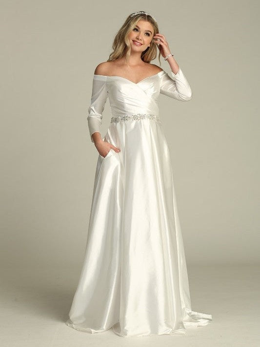 Satin Empire Waist Stunning Rhinestone Belt Off Shoulder Wedding Dress White / L Satin Empire Waist Stunning Rhinestone Belt Off Shoulder Wedding Dress White / L