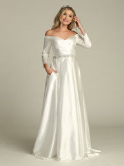 Satin Empire Waist Stunning Rhinestone Belt Off Shoulder Wedding Dress