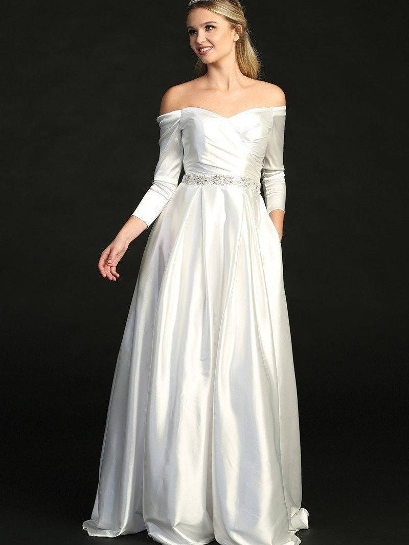 Satin Empire Waist Stunning Rhinestone Belt Off Shoulder Wedding Dress