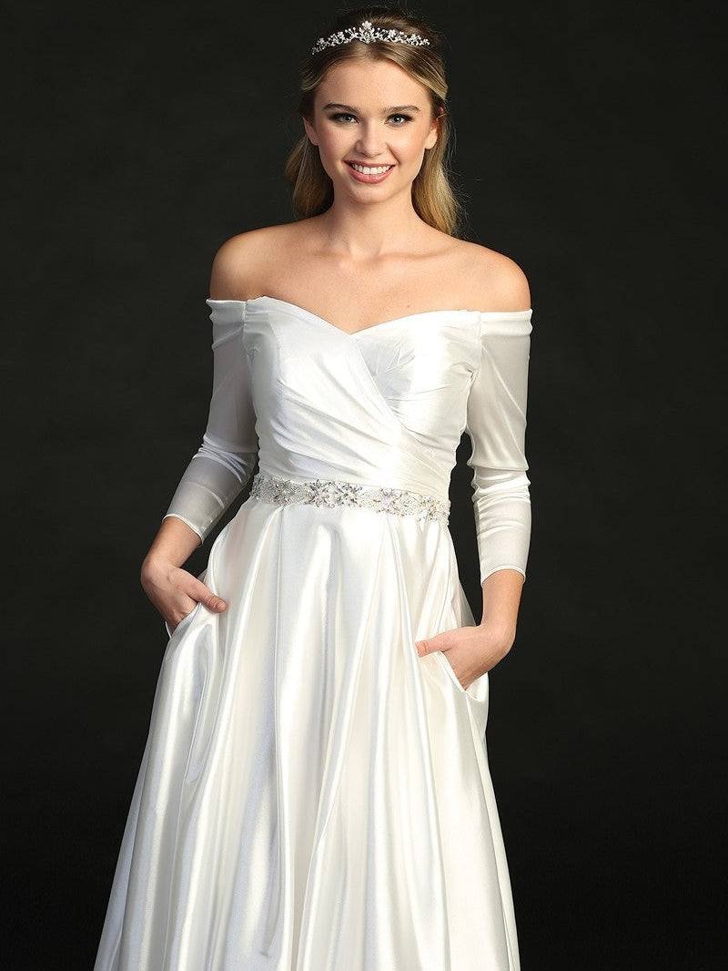Satin Empire Waist Stunning Rhinestone Belt Off Shoulder Wedding Dress