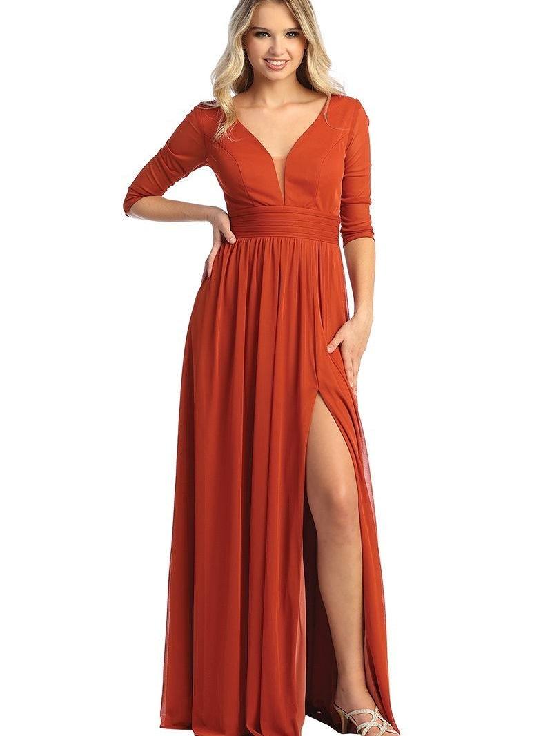 Ladies Elegant Long Sleeve V-Neck High Empire Waist Dress Rust / S