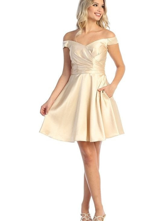 Elegant Satin Dress Off-Shoulder Neckline Corset Back Ladies Short Dress Champagne / 2XL