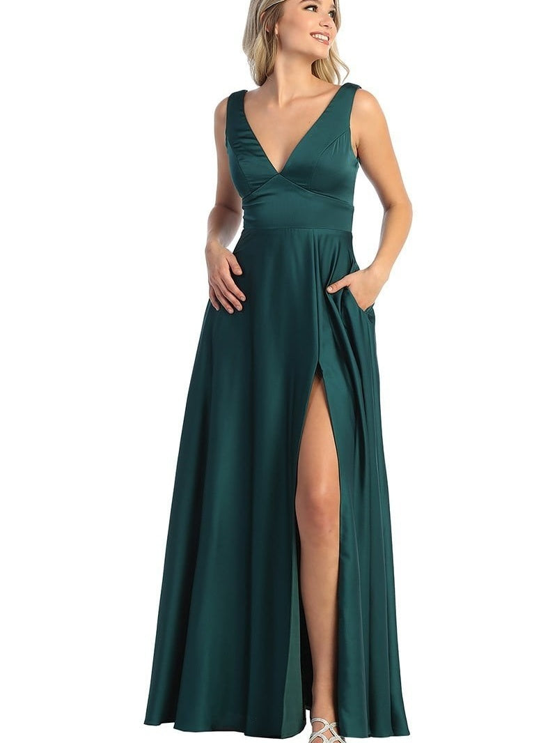 knee length dresses for ladies Ladies V-Neck Gown Parted Pocketed Skirt Classy Elegant Prom Dress Green / L main image 0