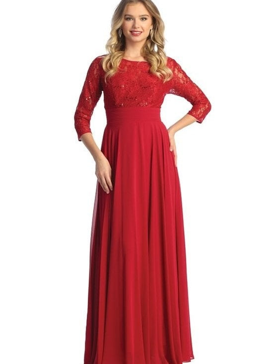Elegant 3/4 Sleeve Lace Bodice Empire Waist Formal Gown Royal Blue / 4XL Elegant 3/4 Sleeve Lace Bodice Empire Waist Formal Gown Royal Blue / 4XL