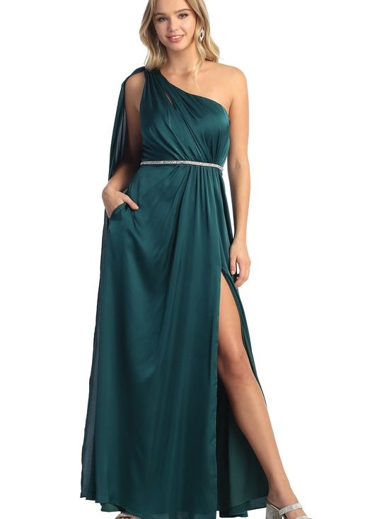 One Shoulder Offset Silver Belt Prom Dress La Estrellita Fashion One Shoulder Offset Silver Belt Prom Dress La Estrellita Fashion