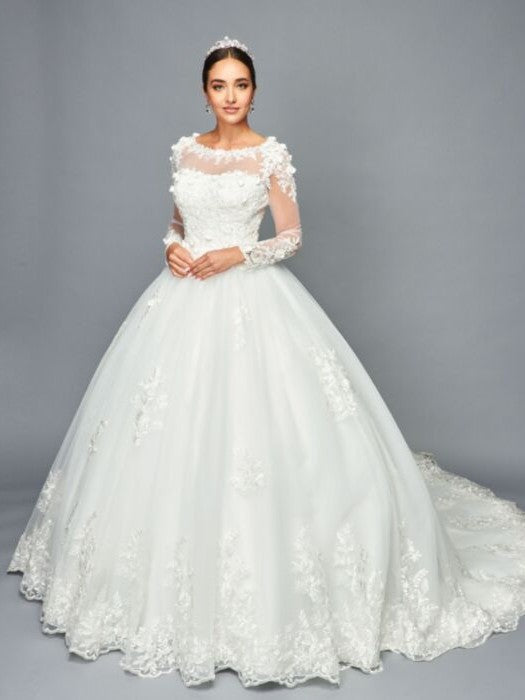 Illusion Boat Neckline Long Sleeves Beaded Lace A-Line Ballgown Wedding Dress White / L