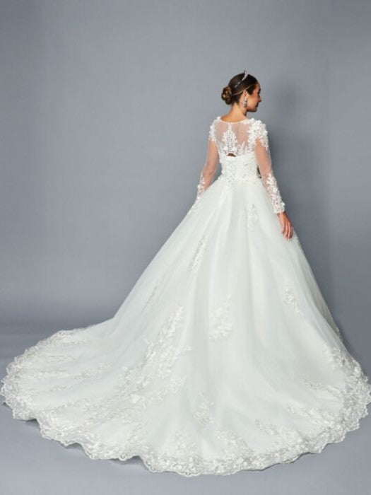 Illusion Boat Neckline Long Sleeves Beaded Lace A-Line Ballgown Wedding Dress
