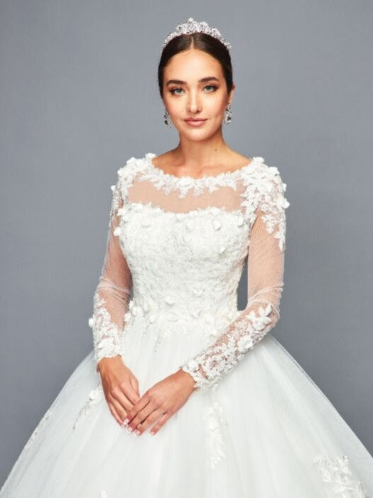 Illusion Boat Neckline Long Sleeves Beaded Lace A-Line Ballgown Wedding Dress