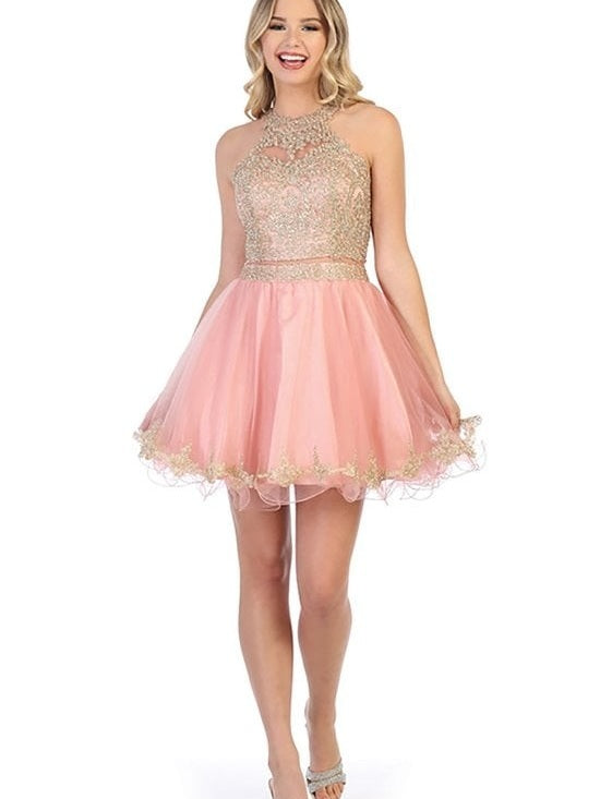 Womens Illusion Fit and Flare Skirt Embroidered Rhinestone Short Dress Silver / M