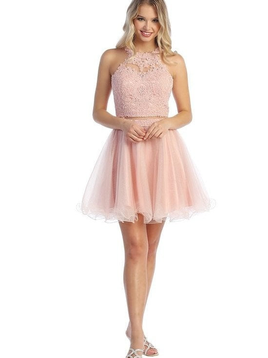 Ladies Fit and Flare Embroidered Rhinestones Illusion Waist Elegant Cocktail Dress Champagne / S