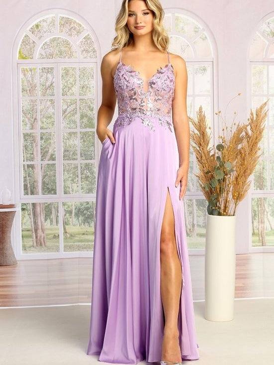 Satin Mesh Lace Top Offset Prom Dress Lilac / XL Satin Mesh Lace Top Offset Prom Dress Lilac / XL