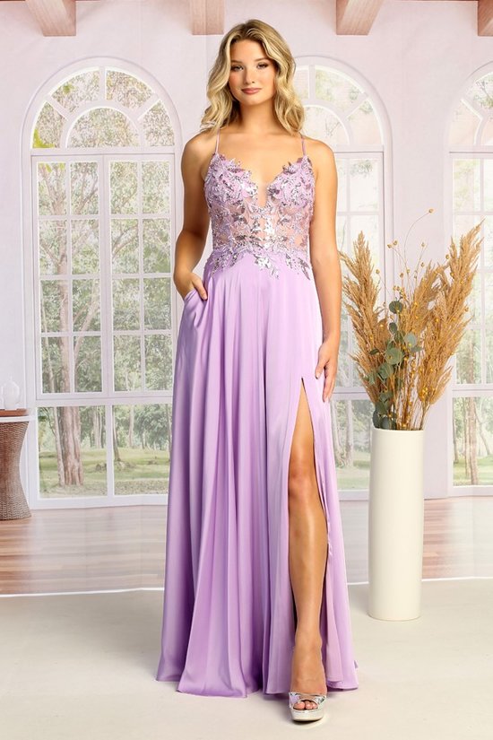 Satin Mesh Lace Top Offset Prom Dress