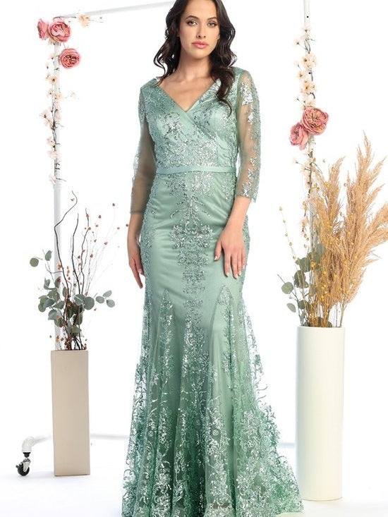 Long Sleeve Lace Tulip V-Neck Prom Dress Silver / M