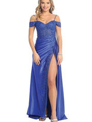 Sparkling Rhinestone Off-Shoulder Corset Back Side Slit Prom Dress