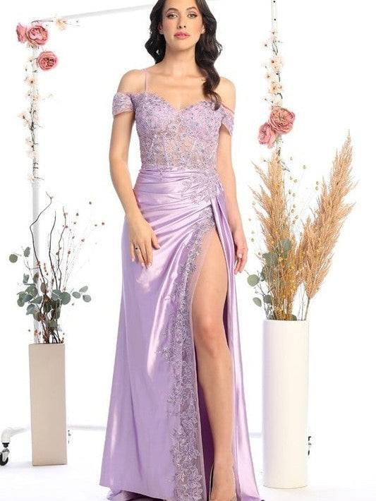 Sparkling Rhinestone Off-Shoulder Corset Back Side Slit Prom Dress