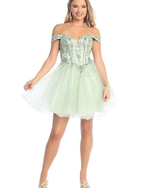 Stunning Off The Shoulder Sequins Lace Embroidery Corset Back Dress Champagne / S