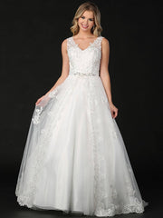A-Line Rhinestone Beaded Lace V Neck Wedding Dress