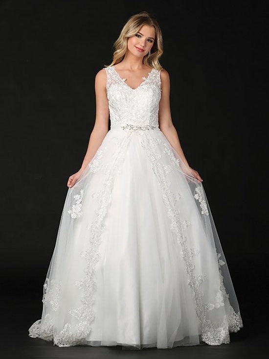 A-Line Rhinestone Beaded Lace V Neck Wedding Dress