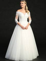Stunning Off The Shoulder Lace Sequins Long Sleeves Wedding Gown