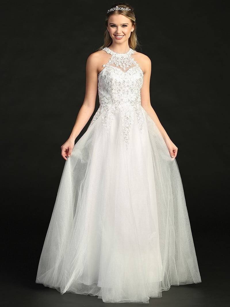 Embroidered Exquisite High Neck Lace Floor Length Skirt Wedding Dress