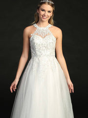 Embroidered Exquisite High Neck Lace Floor Length Skirt Wedding Dress
