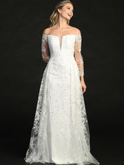 Elegant Long Sleeve Lace Embroidery Flowing Skirt Wedding Dress