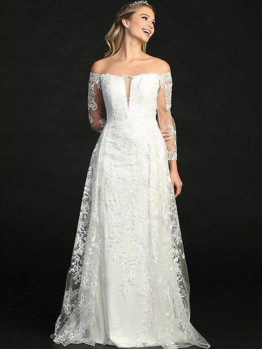 Elegant Long Sleeve Lace Embroidery Flowing Skirt Wedding Dress
